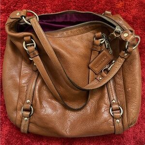 Coach Tan Pebble Leather Shoulder Bag with Purple Lining